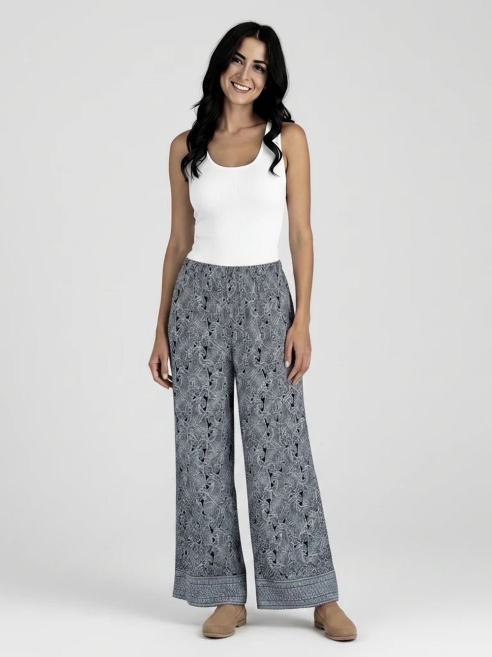 New Directions Navy White Paisley Wide Leg Palazzo Pants Small
